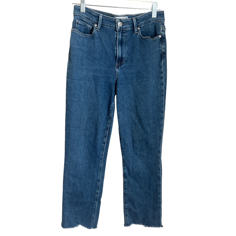 PAIGE Cindy Crop High Rise Straight Ankle Jeans Tuned In Blue Raw Hem Size 28